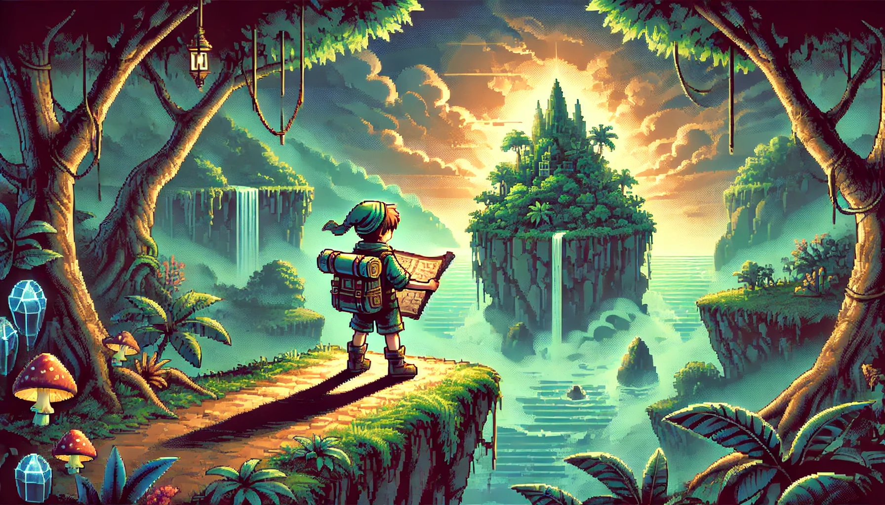 A young explorer with a map stands at a cliff's edge, looking at a mysterious island in the distance
